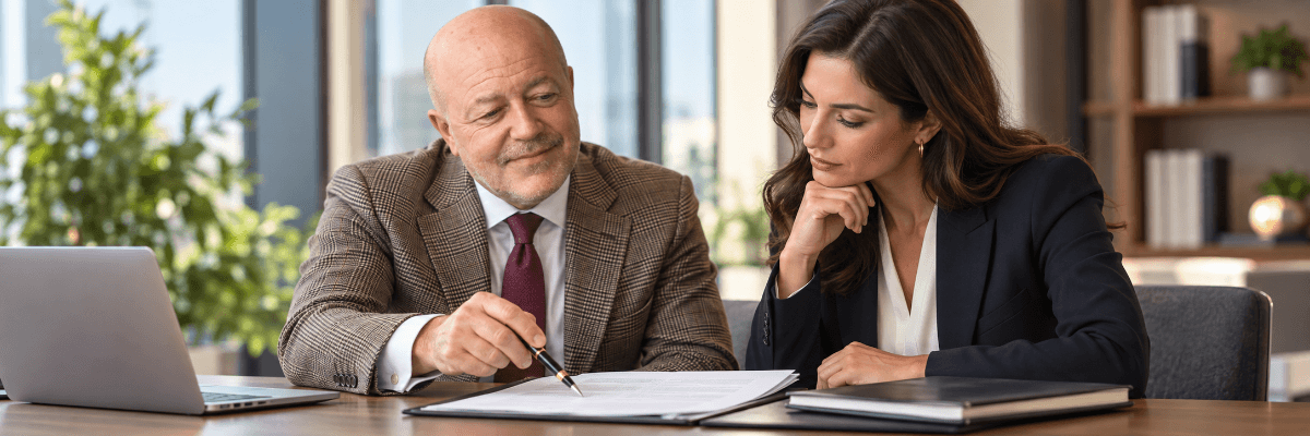 Avvocato esamina un preventivo contrattuale insieme a una professionista durante una consulenza in ufficio.
