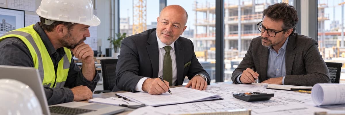 L’Avv. Stefano Monguzzi esamina un contratto di appalto e le planimetrie con un imprenditore edile e un architetto per valutare i lavori extra in cantiere.